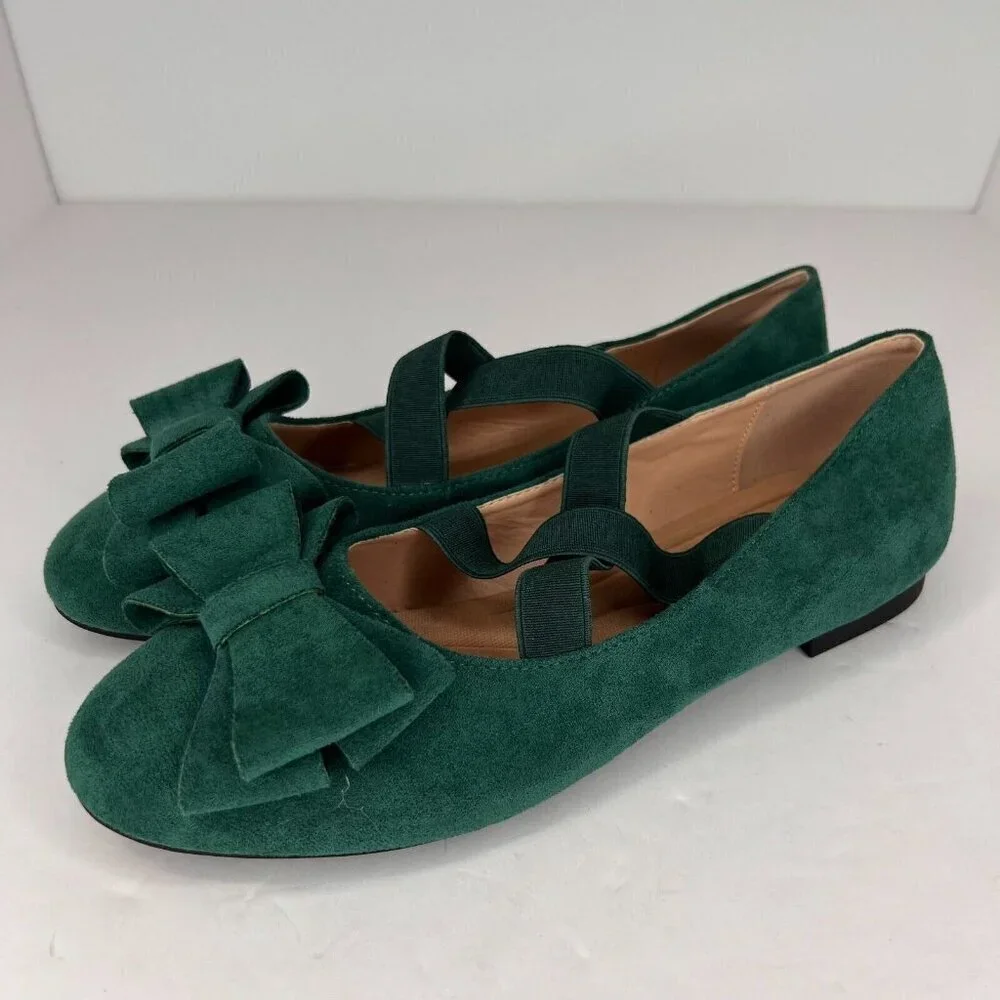 Womens Green Elastic Crisscross Bowknot Slip-On SuedeLook Size 8 Ballet Flats